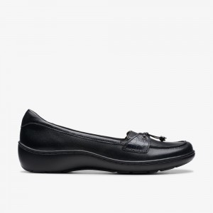 Black Leather Clarks Cora Haley Women Slip-Ons | 0571WMQND