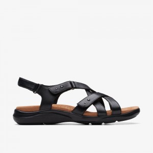 Black Leather Clarks Kitly Go Women Sandals | 1875OVCTD