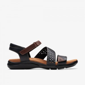 Black Leather Clarks Kitly Way Women Sandals | 0186MRUVE