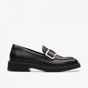 Black Leather Clarks SPLEND PENNY Women Loafers | 0975CAFXS