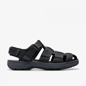 Black Leather Clarks Saltway Cove Men Sandals | 3974VZUJX