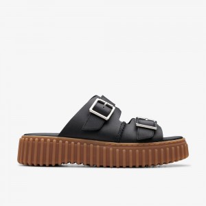 Black Leather Clarks Torhill Women Sandals | 0738SJLIP