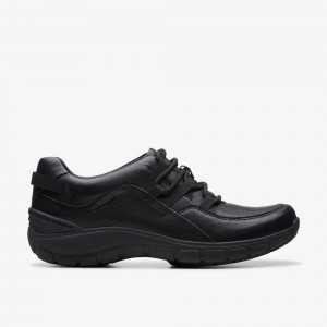 Black Leather Clarks Wave Range Women Sneakers | 0647IQFPS