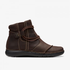 Dark Brown Leather Clarks Un Loop Up Women Boots | 6051JETQM