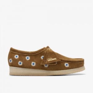 Dark Olive Embroidery Clarks Wallabee Women Loafers | 3287WRYTX