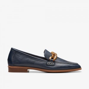 Navy Leather Clarks Sarafyna Iris Women Loafers | 3592DVTAB