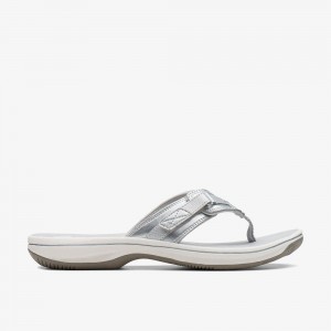 Silver Synthetic Clarks BREEZE SEA Women Sandals | 6593PQBFZ