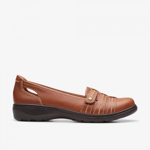 Tan Leather Clarks Carleigh Eliza Women Slip-Ons | 9804XQIAW