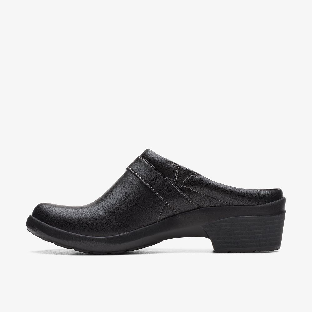 Black Leather Clarks Angie Mist Women Mules | 4526CEWSD