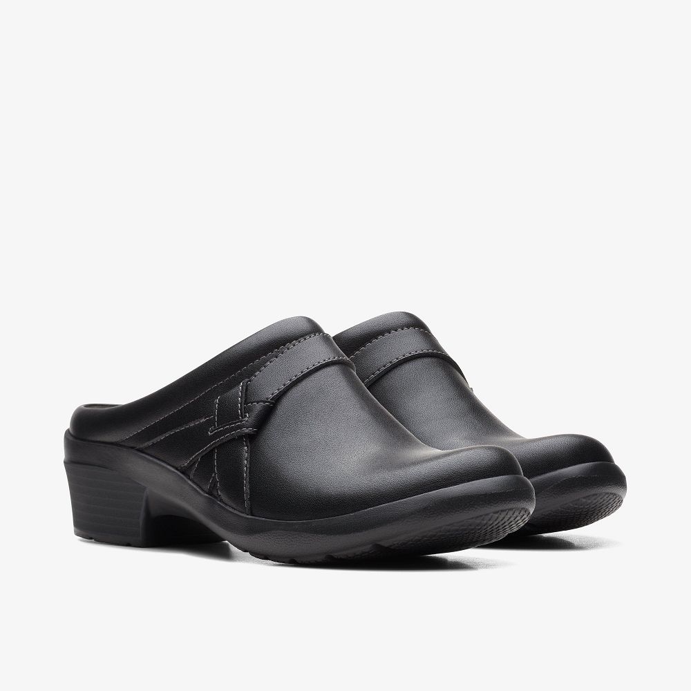 Black Leather Clarks Angie Mist Women Mules | 4526CEWSD