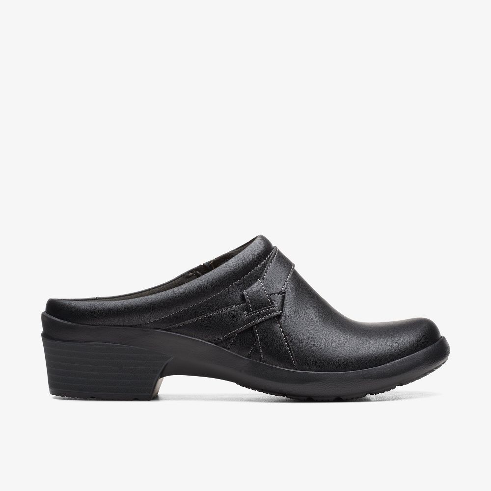 Black Leather Clarks Angie Mist Women Mules | 4526CEWSD