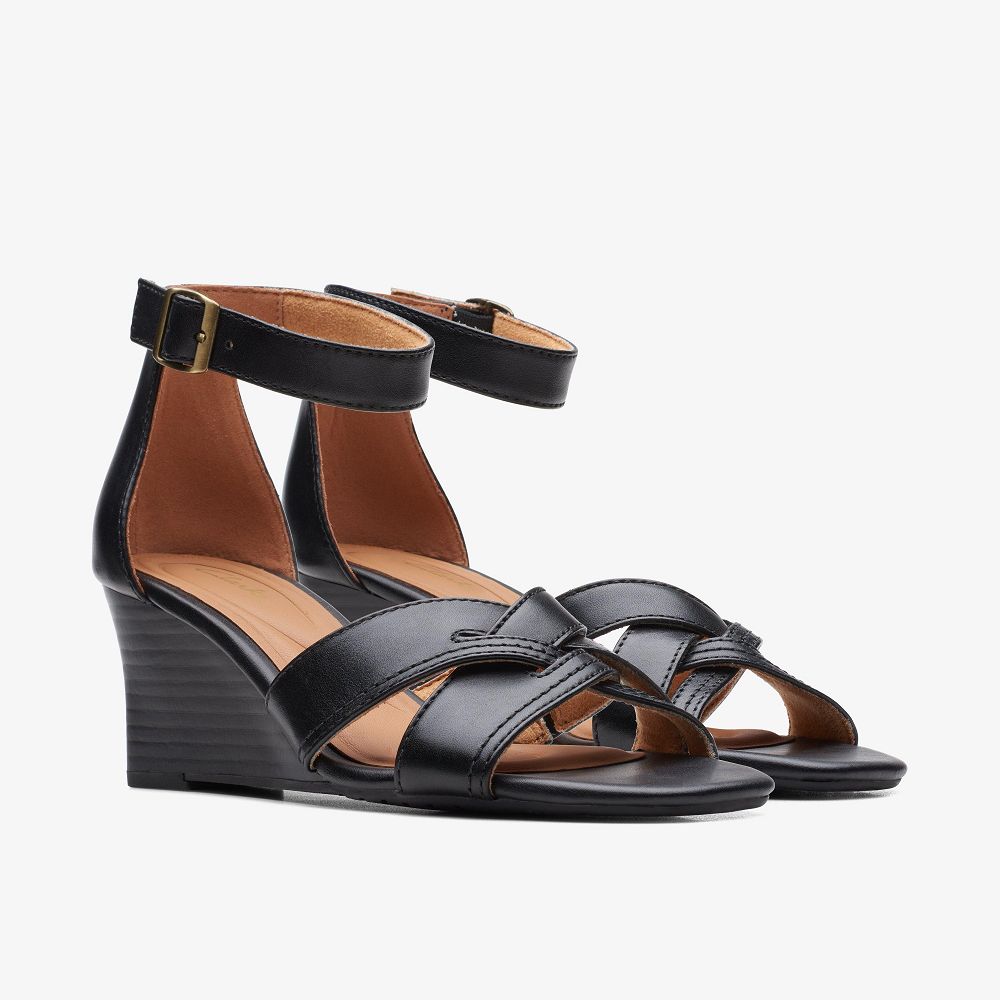 Black Leather Clarks Cielo Charm Women Sandals | 5648LUSWB