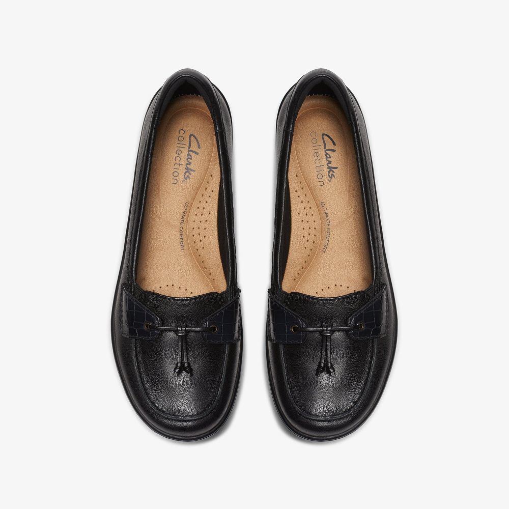 Black Leather Clarks Cora Haley Women Slip-Ons | 0571WMQND