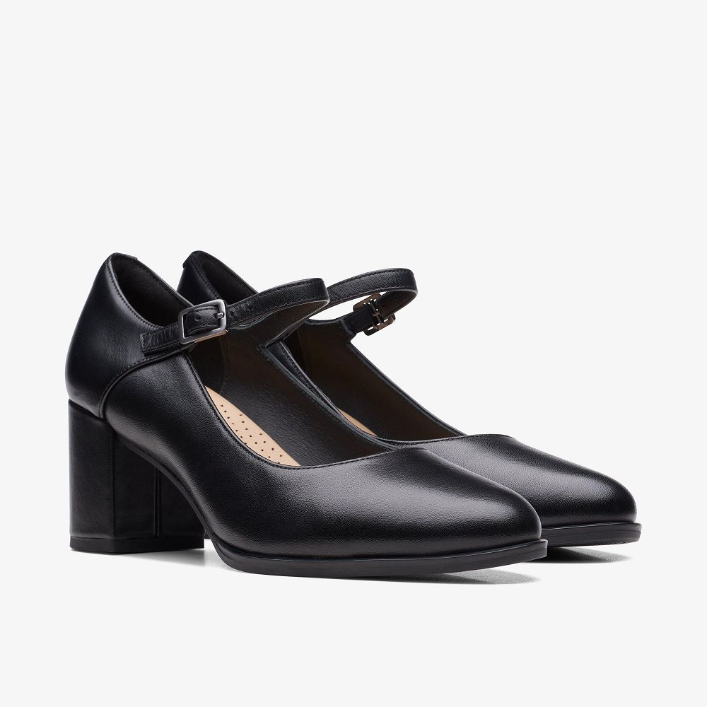 Black Leather Clarks Freva 55 Strap Women Pumps | 4392GDCAK