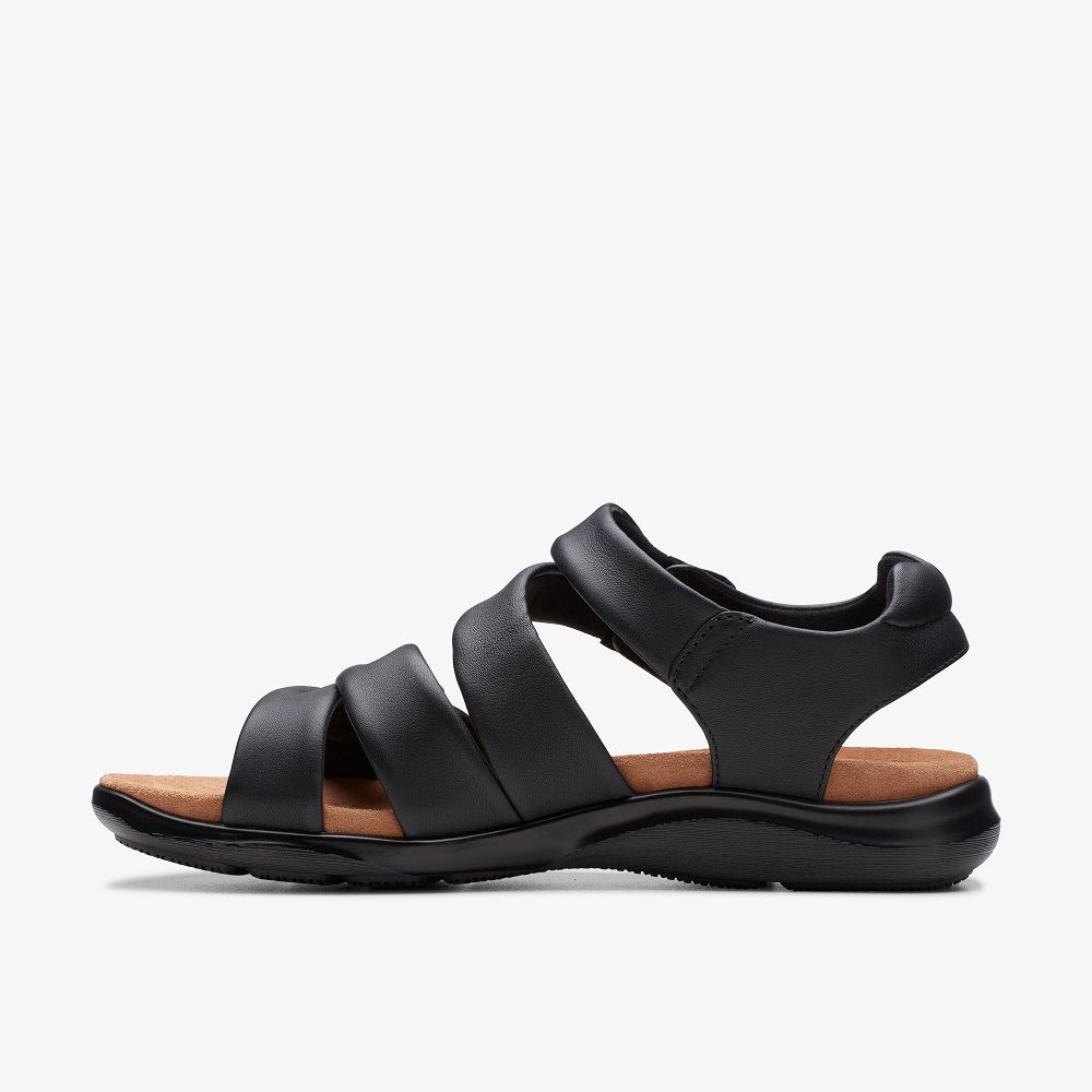 Black Leather Clarks Kitly Ave Women Sandals | 8296VWOXT