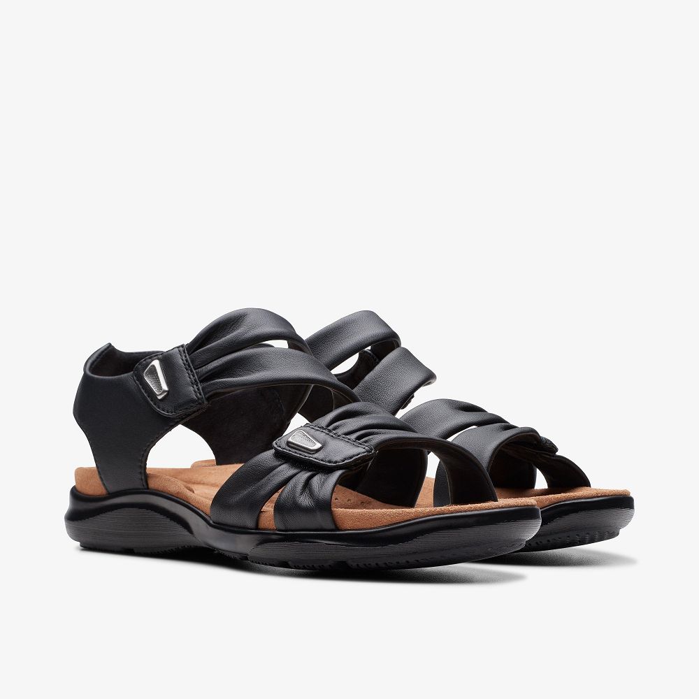 Black Leather Clarks Kitly Ave Women Sandals | 8296VWOXT