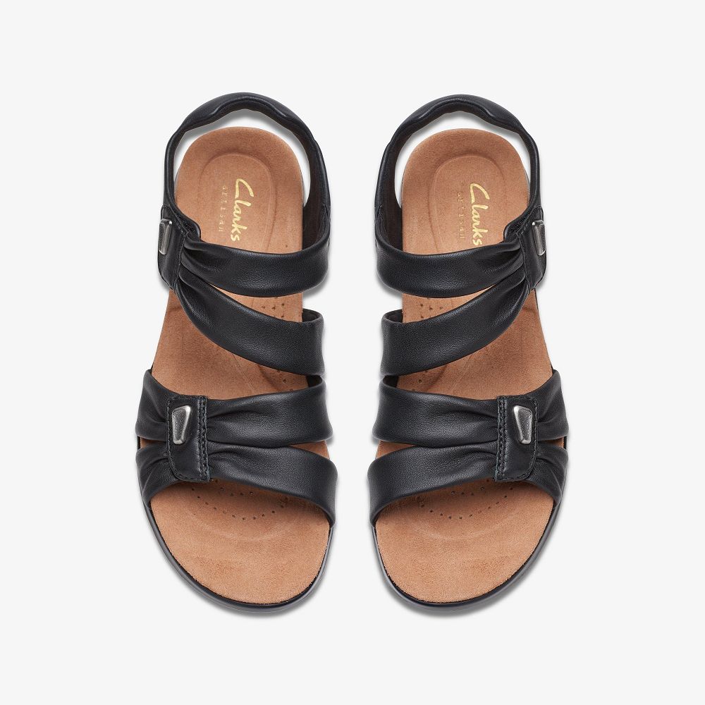 Black Leather Clarks Kitly Ave Women Sandals | 8296VWOXT