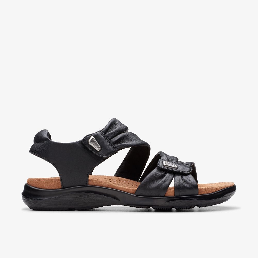 Black Leather Clarks Kitly Ave Women Sandals | 8296VWOXT