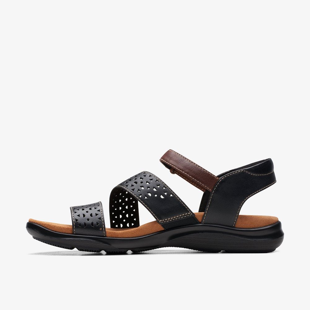 Black Leather Clarks Kitly Way Women Sandals | 0186MRUVE