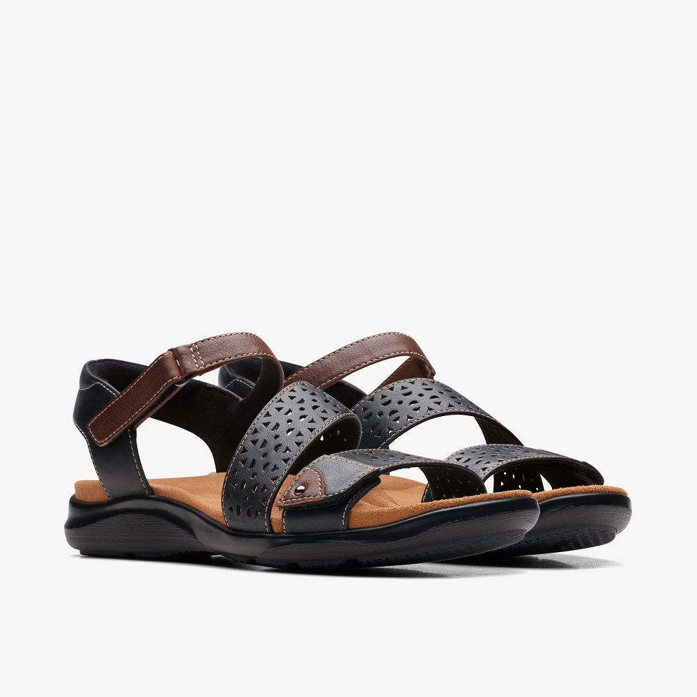 Black Leather Clarks Kitly Way Women Sandals | 0186MRUVE