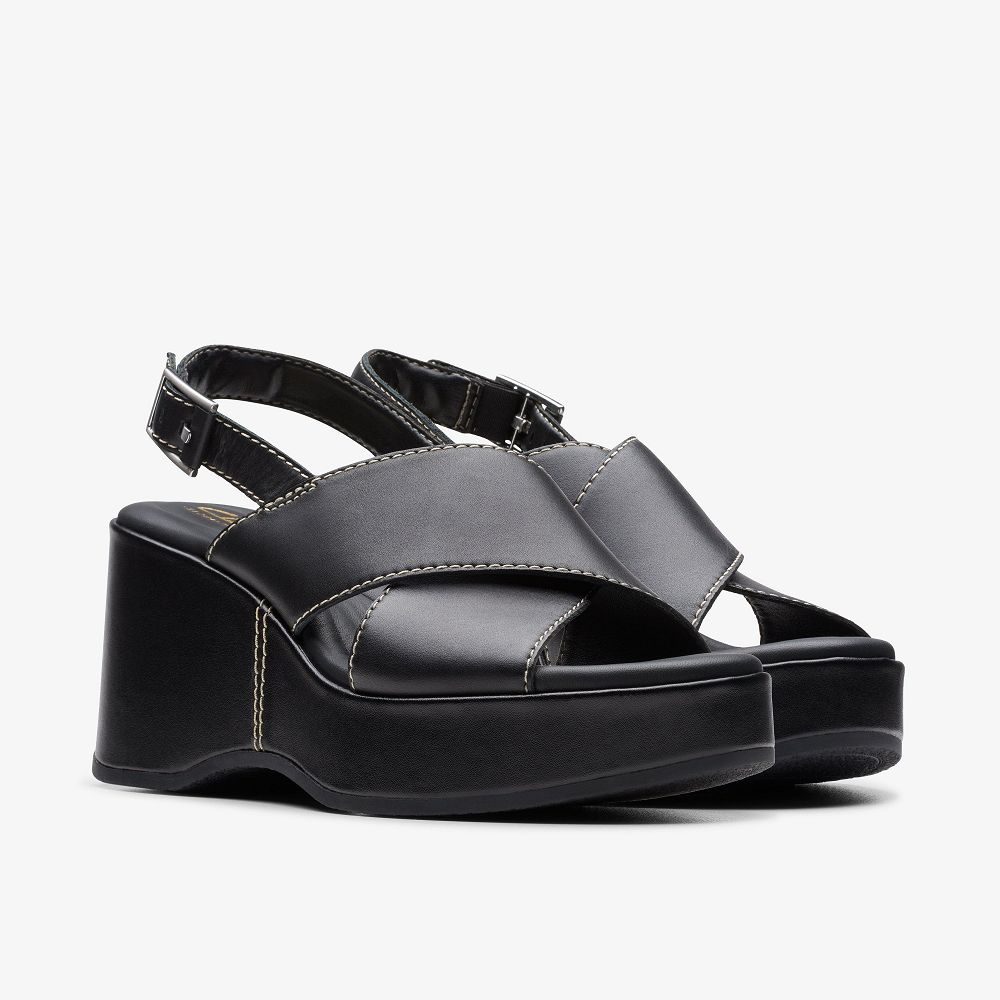 Black Leather Clarks Manon Wish Women Sandals | 6054OLPXZ