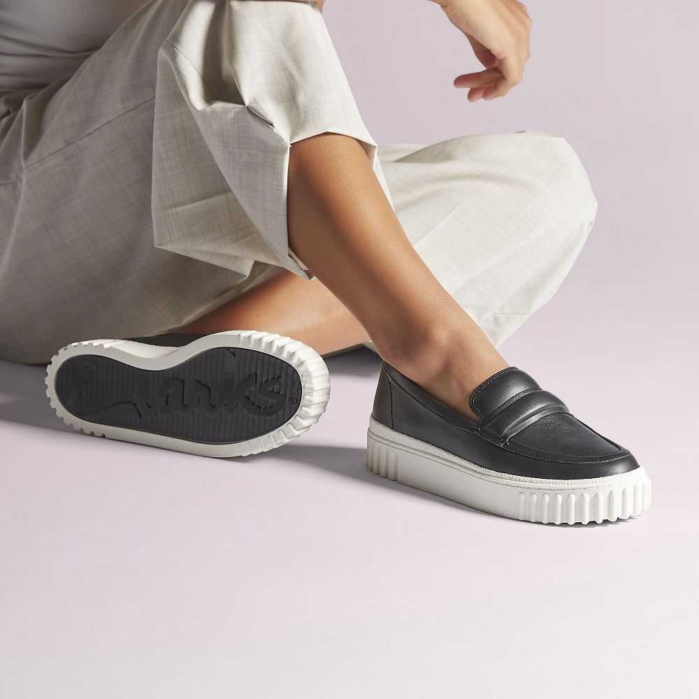 Black Leather Clarks Mayhill Cove Women Loafers | 7508EPOBZ