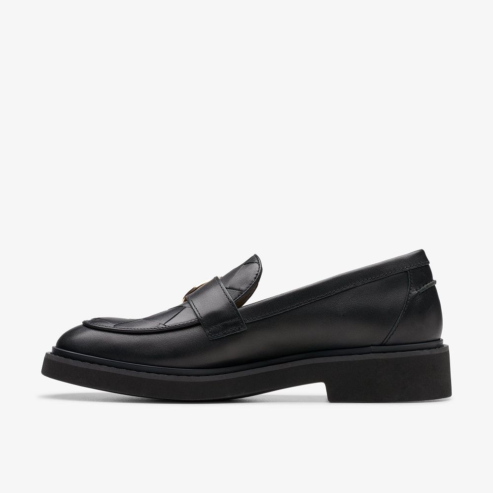 Black Leather Clarks SPLEND PENNY Women Loafers | 0975CAFXS