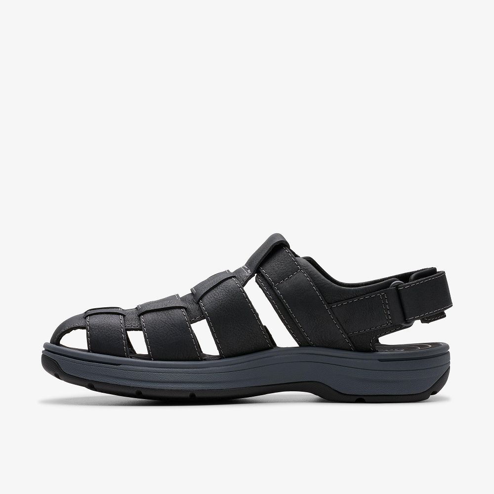 Black Leather Clarks Saltway Cove Men Sandals | 3974VZUJX