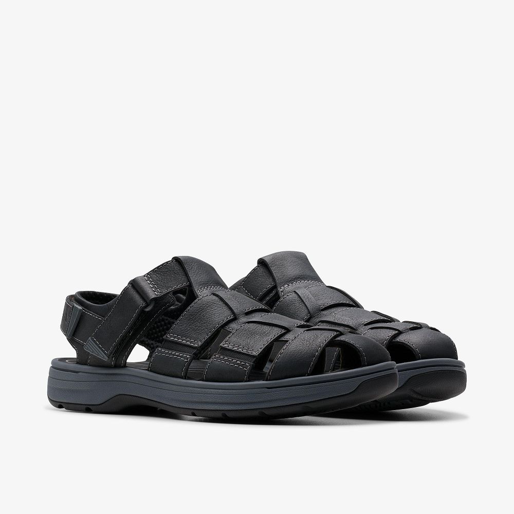 Black Leather Clarks Saltway Cove Men Sandals | 3974VZUJX