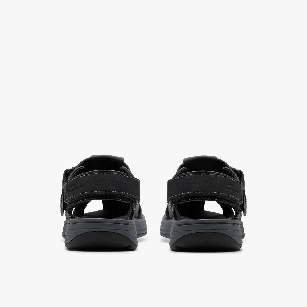 Black Leather Clarks Saltway Cove Men Sandals | 3974VZUJX