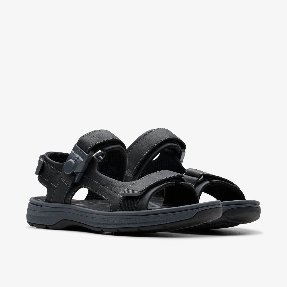 Black Leather Clarks Saltway Trail Men Sandals | 3784GWSVN