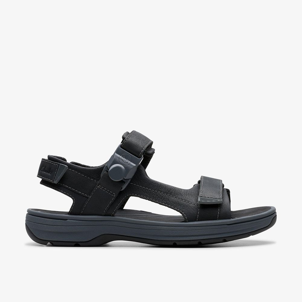 Black Leather Clarks Saltway Trail Men Sandals | 3784GWSVN