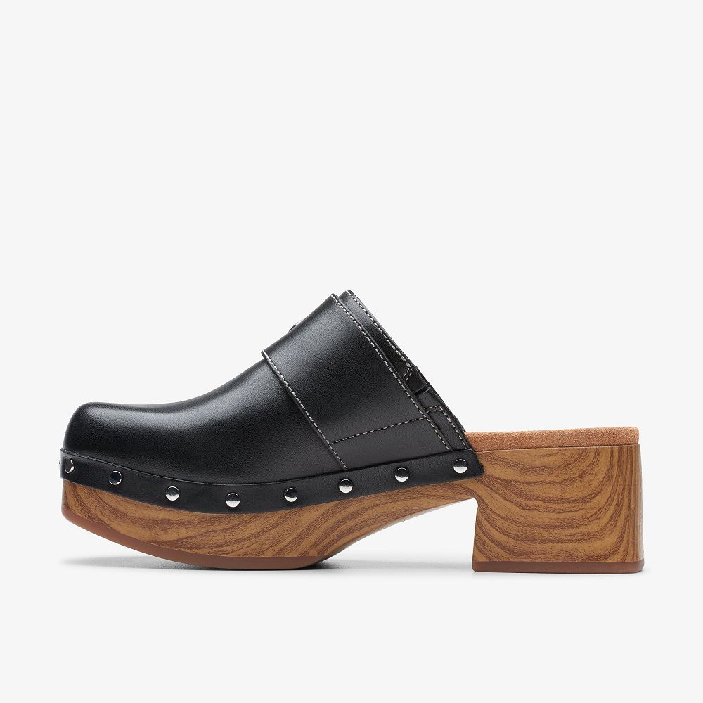 Black Leather Clarks Sivanne Sun Women Mules | 1247MYVTZ