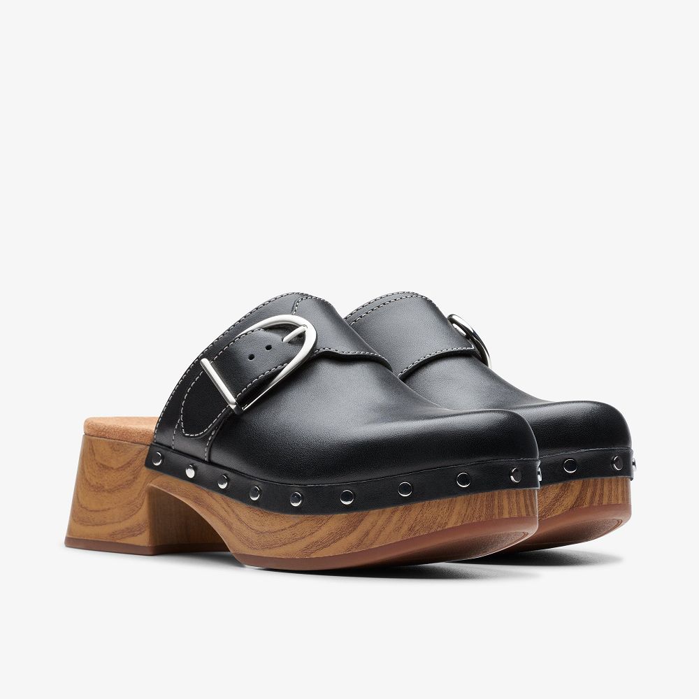 Black Leather Clarks Sivanne Sun Women Mules | 1247MYVTZ