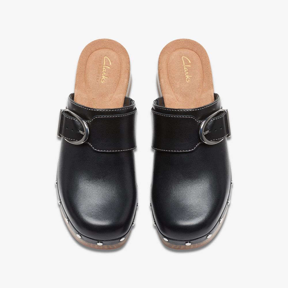 Black Leather Clarks Sivanne Sun Women Mules | 1247MYVTZ