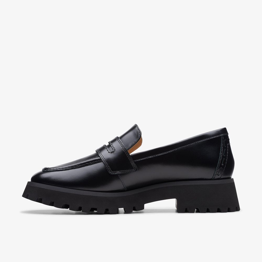 Black Leather Clarks Stayso Edge Women Loafers | 5629MXING