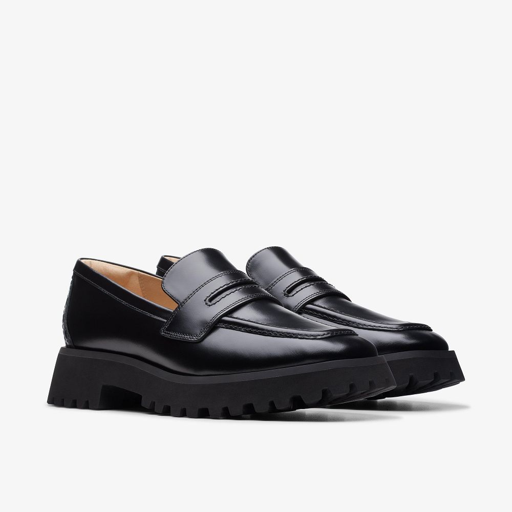 Black Leather Clarks Stayso Edge Women Loafers | 5629MXING