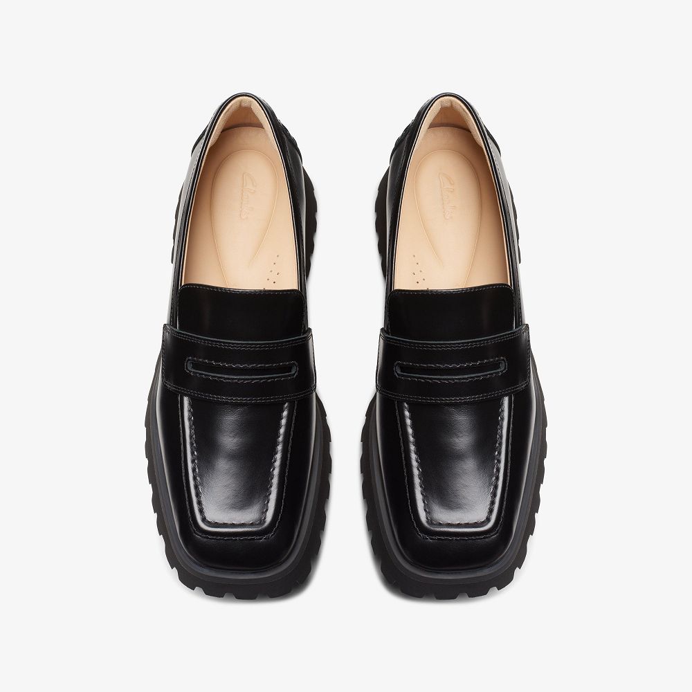 Black Leather Clarks Stayso Edge Women Loafers | 5629MXING