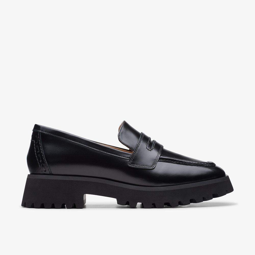 Black Leather Clarks Stayso Edge Women Loafers | 5629MXING