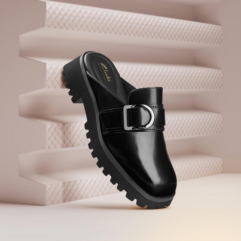 Black Leather Clarks Stayso Free Women Mules | 4621ZONSK