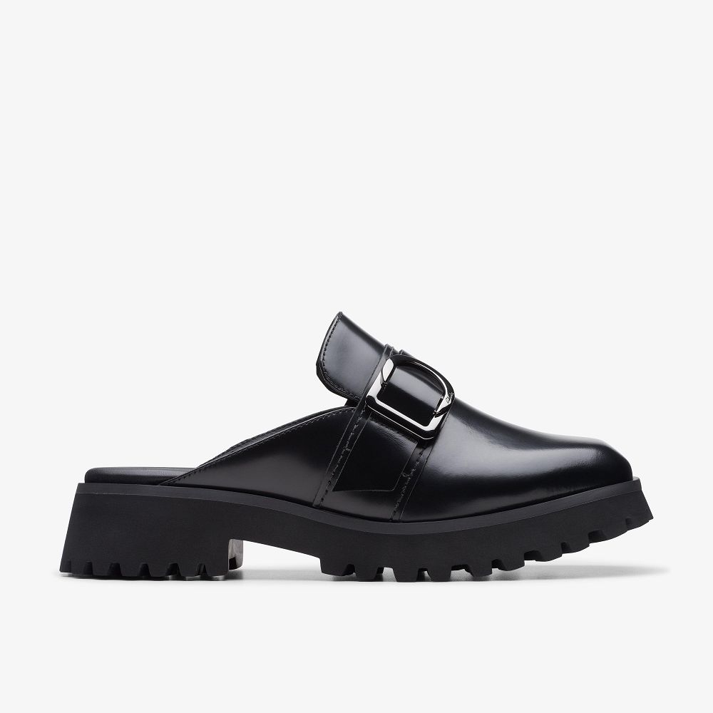 Black Leather Clarks Stayso Free Women Mules | 4621ZONSK