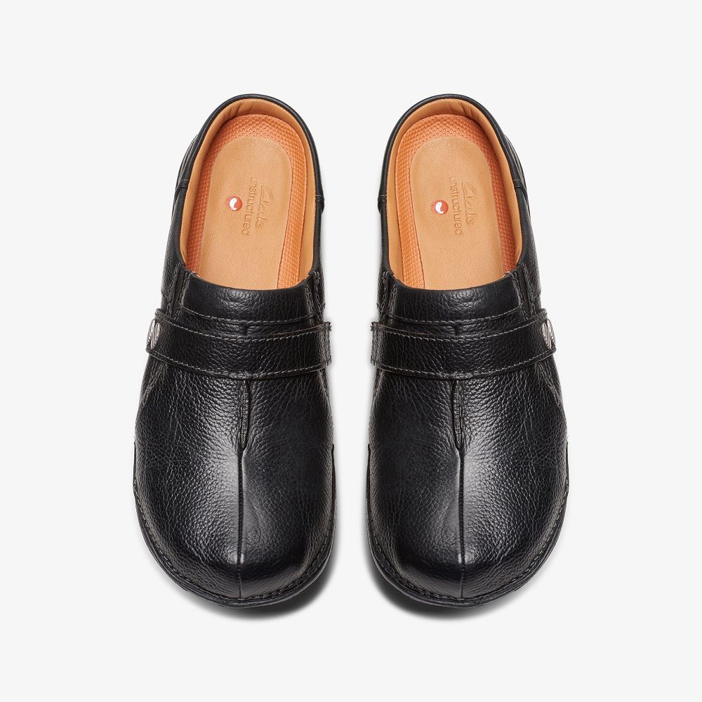 Black Leather Clarks Un Loop Ease Women Mules | 8297NWUSA