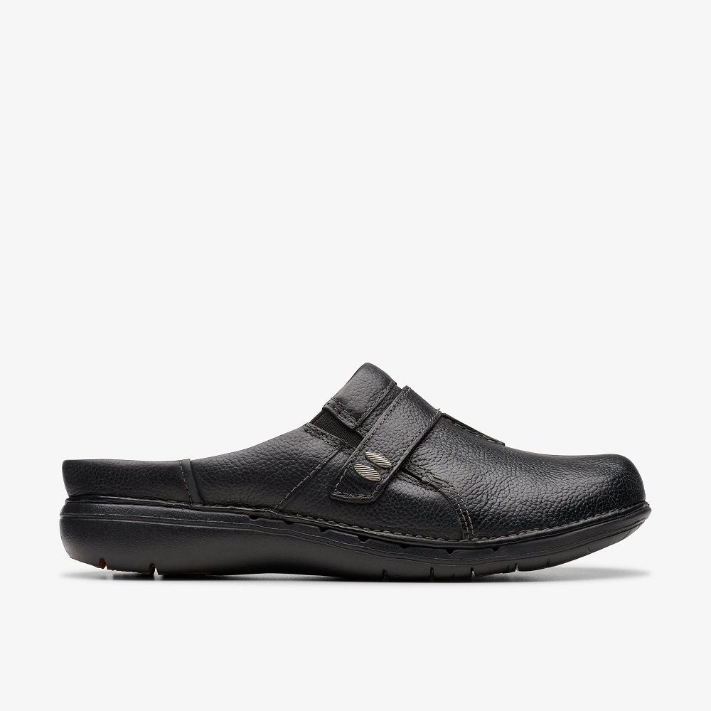 Black Leather Clarks Un Loop Ease Women Mules | 8297NWUSA