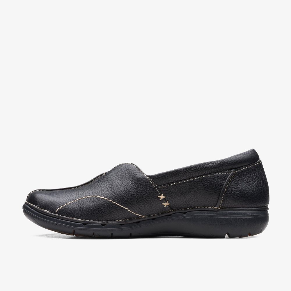 Black Leather Clarks Un Loop Stride Women Slip-Ons | 9716ZPKCN