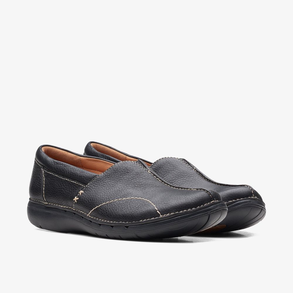 Black Leather Clarks Un Loop Stride Women Slip-Ons | 9716ZPKCN