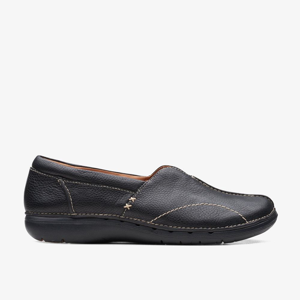 Black Leather Clarks Un Loop Stride Women Slip-Ons | 9716ZPKCN