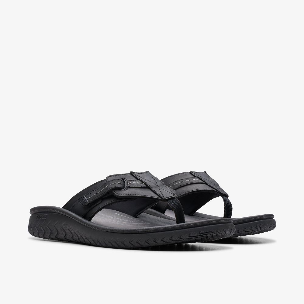 Black Leather Clarks WESLEY SUN Men Sandals | 9571RWPQI