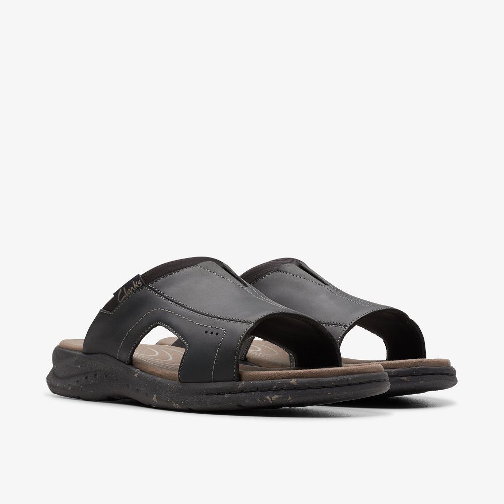 Black Leather Clarks Walkford Band Men Sandals | 8250EQHXP