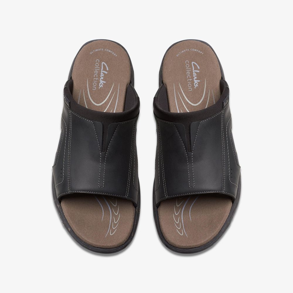 Black Leather Clarks Walkford Band Men Sandals | 8250EQHXP