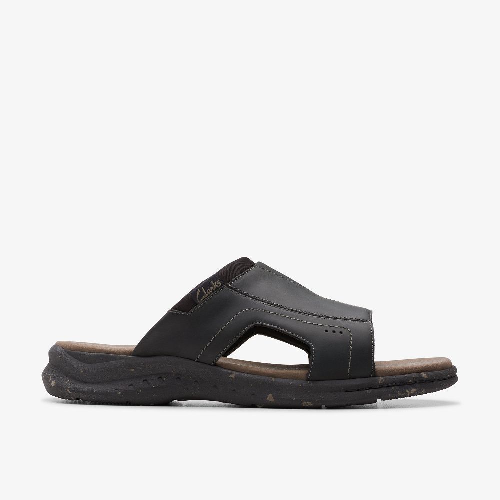 Black Leather Clarks Walkford Band Men Sandals | 8250EQHXP